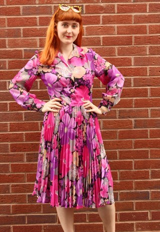 VINTAGE 50'S PINK & PURPLE FLORAL PLEATED MIDI SUMMER DRESS