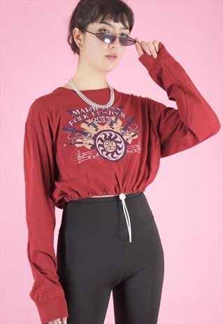 VINTAGE REWORKED CROP TOP IN RED WITH FESTIVAL PRINT