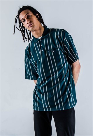 VINTAGE 90S PINSTRIPE POLO SHIRT IN GREEN