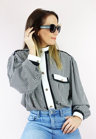 VINTAGE 80'S RETRO HOUNDSTOOTH WHITE COLLAR SHIRT BLOUSE