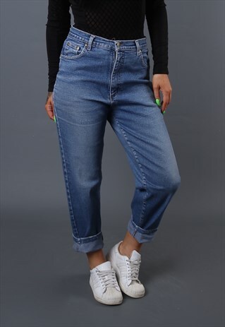 HIGH WAISTED DENIM JEANS TAPERED LEG UK 14 VINTAGE (A63M)
