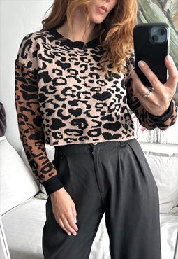 Crop Knit leopard Sweater Pullover Top - One Size 