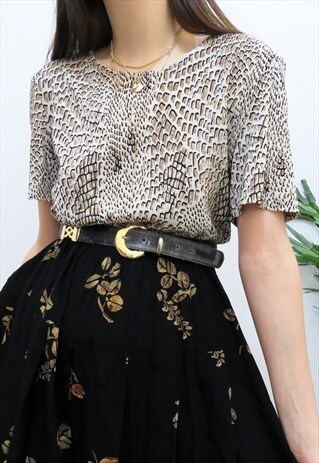 RETRO 80S VINTAGE BLACK & BEIGE ANIMAL PRINT ABSTRACT BLOUSE