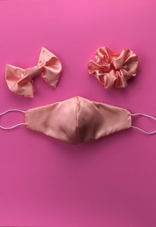 PEACH PINK SATIN FACE COVERING SET & SCRUNCHIE OR HAIR BOW