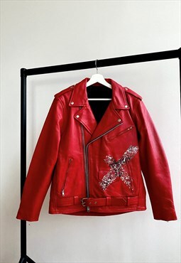 Unisex Handpainted Genuine Leather Red Biker Jacket 
