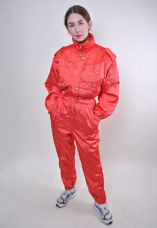 VINTAGE WOMAN ONE PIECE RED SKI SUIT, 80S SNOW SUIT RETRO