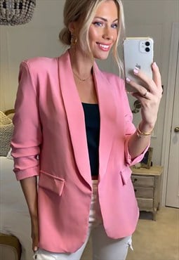 justyouroutfit Pink Ruched Sleeve Blazer 