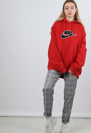 VINTAGE NIKE LARGE RED EMBROIDERED SPELL OUT HOODIE