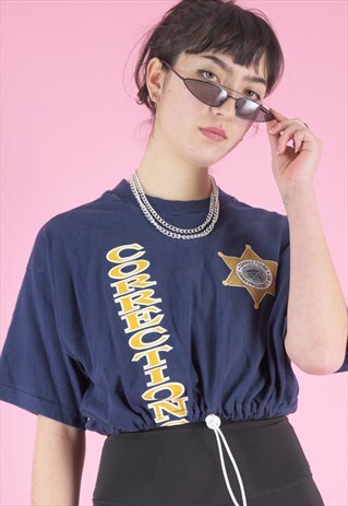 VINTAGE REWORKED CROP TOP IN NAVY WITH CORRECTIONS PRINT