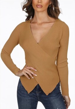 Cross Front Ribbed Jumper In Beige 
