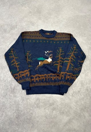 VINTAGE KNITTED JUMPER EMBROIDERED STAG PATTERNED SWEATER