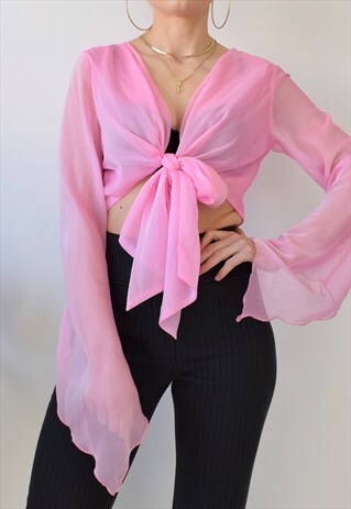 VINTAGE 80S SHEER PINK TIE UP FLARE SLEEVE CROP TOP CARDIGAN