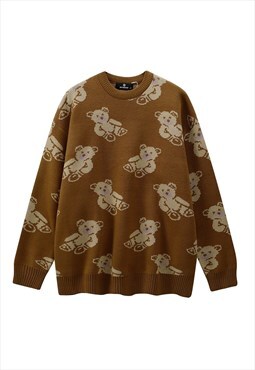 Teddy sweater knitted bear print jumper cartoon top brown