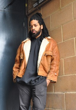 VTG 70s Brown Sheepskin Shearling Winter Aviator Jacket Coat