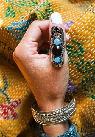ADJUSTABLE TEAL BOHO GLASS RING