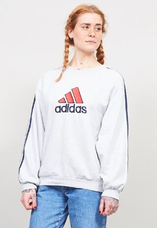 VINTAGE 90'S ADIDAS LOGO STRIPED GREY SWEATER