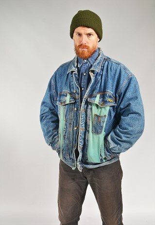 VINTAGE MID BLUE & GREEN LINED DENIM JACKET