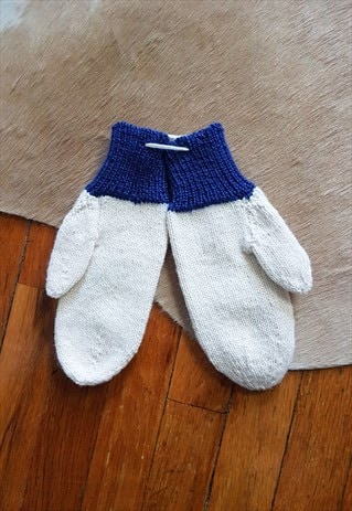 Cozy Handmade Mittens, Hand Knit White and Blue Wool Mittens