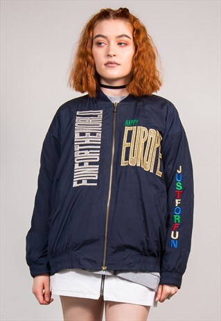 VINTAGE 90'S NAVY BLUE EMBROIDERED SLOGAN BOMBER JACKET