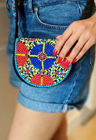 BEADED HANDMADE CRESCENT HALF MOON CROSS BODY BAG
