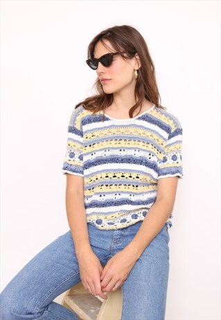 VINTAGE 90S BLUE YELLOW CROCHET KNIT TOP