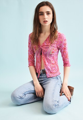 90'S RETRO PAISLEY PRINT KITSCH MESH TEEN PARTY TOP