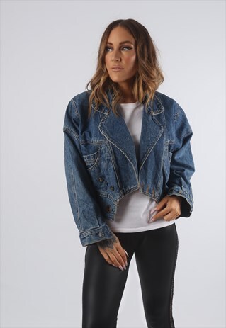 VINTAGE DENIM JACKET TARTAN LINED CROPPED UK S 10 (C93V)