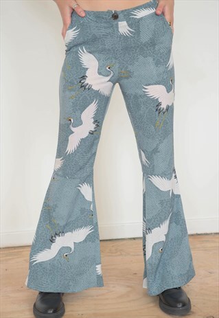 VINTAGE 00S Y2K DENIM FLARES IN BLUE WITH BIRD PRINT
