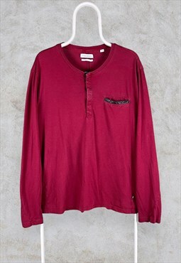 Red Calvin Klein T Shirt Henley Grandad Collar