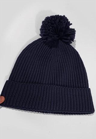 SKI BOBBLE KNITTED RIBBED BEANIE HAT - NAVY BLUE