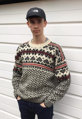 MENS WOOL FAIRISLE PATTERNED LONG SLEEVE JUMPER SWEATSHIRT