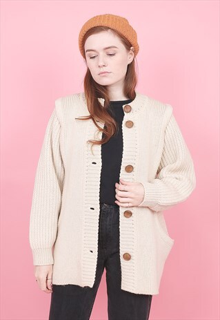 VINTAGE CREAM HEAVY KNIT CARDIGAN /R2220