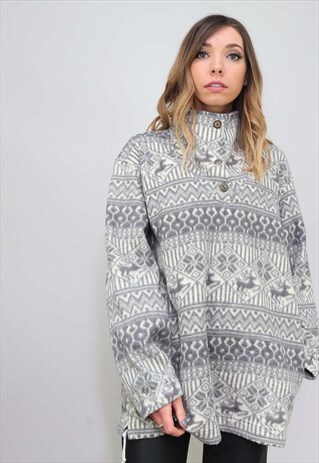 VINTAGE OVERSIZED 1/4 BUTTON PATTERNED FLEECE
