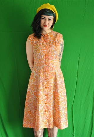 VINTAGE ORANGE PAISLEY BUTTON DOWN SHIFT DRESS