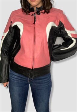 Vintage 90s leather jacket pink/black racer jacket ,size S
