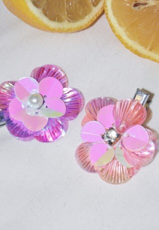 HAIR CLIPS FLOWER METALLIC PINK PURPLE HAIR SLIDES Y2K 00S