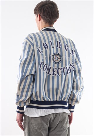 VINTAGE BENETTON BOMBER 90S WHITE BLUE STRIPED