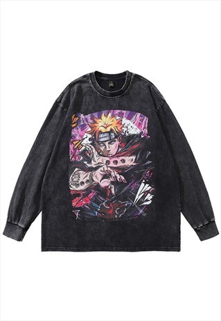 ANIME T-SHIRT VINTAGE WASH TOP NARUTO LONG TEE JAPANESE TOP