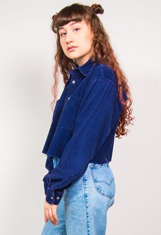 VINTAGE 90'S DARK BLUE CORD CROPPED RAW HEM SHIRT