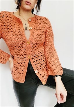 80s handmade orange sheer crochet  buttons down cardigan