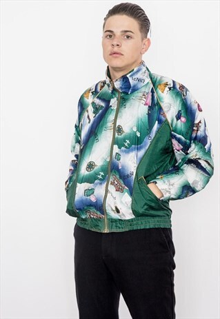VINTAGE 80S GREEN MAP PRINT BOMBER JACKET