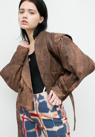 VINTAGE JACKET BROWN SHORT BELTED LONG BAT SLEEVED COLLARED