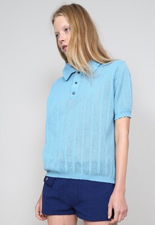 VINTAGE 70'S POWDER BLUE KNITTED POLO T-SHIRT