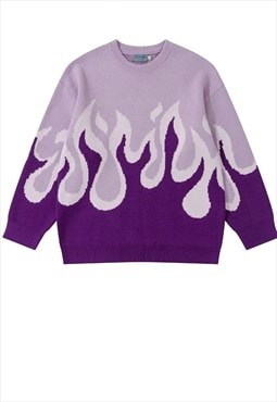 Flame sweater knitted grunge jumper raver top in neon purple