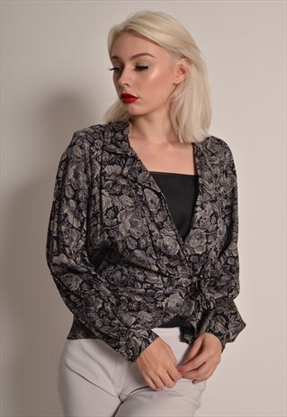 VINTAGE 90S WRAP BLOUSE IN SILVER FLORAL JACQUARD
