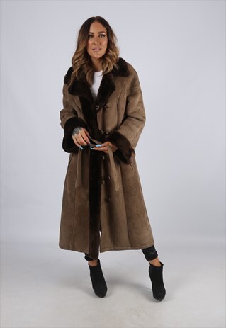 VINTAGE SHEEPSKIN SUEDE SHEARLING COAT LONG UK 12 M (J2F)