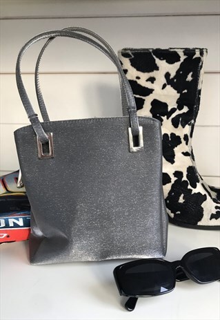 VINTAGE 90S Y2K SILVER METALLIC NYLON MINI BOX HANDBAG