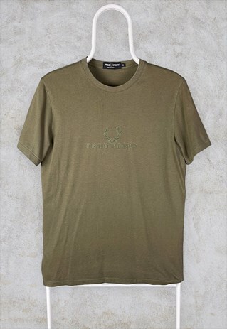 VINTAGE FRED PERRY GREEN T-SHIRT EMBROIDERED SPELL OUT SMALL