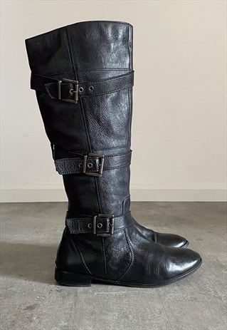 Vintage Y2K 00s real leather black biker boots with buckles