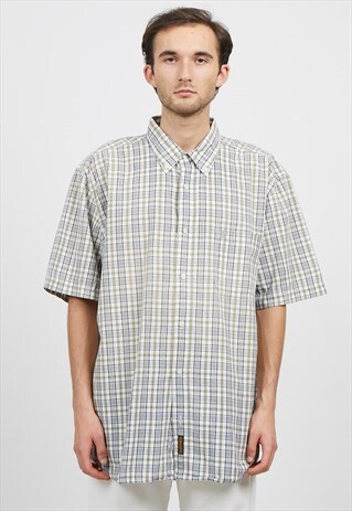 VINTAGE BEIGE BLUE TIMBERLAND SHORT SLEEVE CHECKERED SHIRT